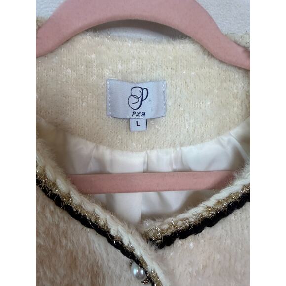 PLM Womens Jacket Sz LCream Fuzzy Gold Black Trim Pearl Holiday Party Festive - Picture 4 of 7